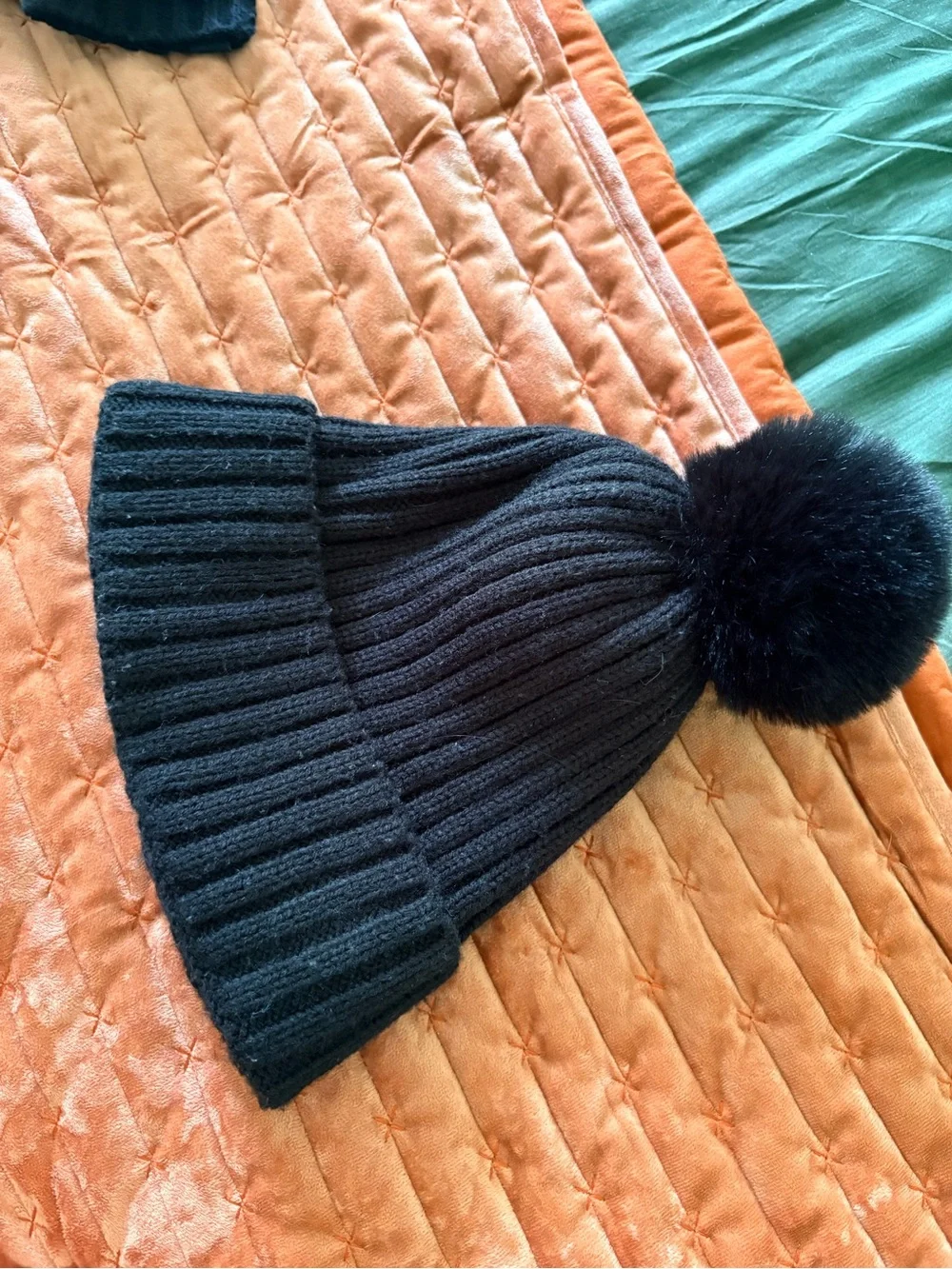 Calvin Klein Black Ribbed Pom Beanie with Convertible Fingerless Gloves